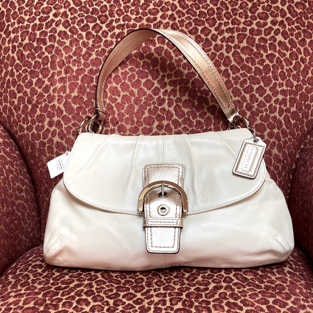 COACH Soho Ivory Leather Shoulder Bag with Gold Trim and Silver Hardware